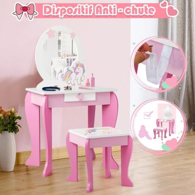 Coiffeuse Enfant Motif Licorne Table de Maquillage avec Tabouret Miroir Detachable Cadeau Parfait pour Enfants