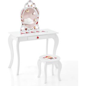 Coiffeuse Enfant Table de Maquillage avec Miroir Ovale et Tabouret Charge 50KG pour Enfants 3 Ans Pastèque