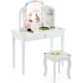 Coiffeuse Enfant Table de Maquillage avec Miroir Triptyque et Tabouret Charge 50KG pour Enfants 3 Ans Ananas