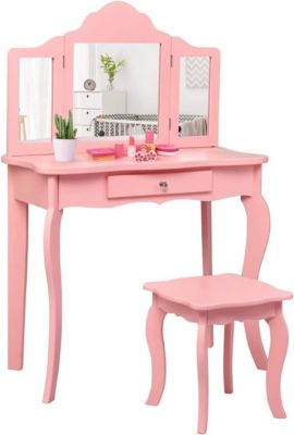 Coiffeuse Enfant Table de Maquillage avec Tabouret et Miroir Amovible à 3 Volets Pliables Bureau Coiffeuse Chambre dEnfant