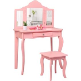 Coiffeuse Enfant Table de Maquillage avec Tabouret et Miroir Amovible à 3 Volets Pliables Bureau Coiffeuse Chambre dEnfant