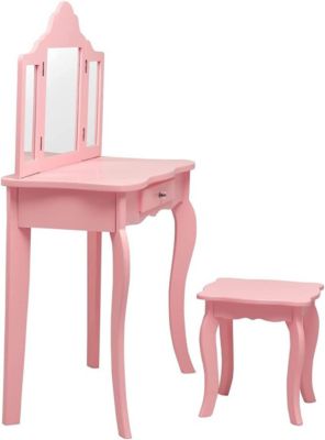 Coiffeuse Enfant Table de Maquillage avec Tabouret et Miroir Amovible à 3 Volets Pliables Bureau Coiffeuse Chambre dEnfant