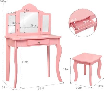 Coiffeuse Enfant Table de Maquillage avec Tabouret et Miroir Amovible à 3 Volets Pliables Bureau Coiffeuse Chambre dEnfant