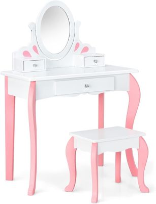 Coiffeuse Enfants Fille Miroir Amovible Ensemble Coiffeuse avec Tabouret Confortable Table de Maquillage avec 3 Tiroirs Blanc