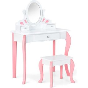 Coiffeuse Enfants Fille Miroir Amovible Ensemble Coiffeuse avec Tabouret Confortable Table de Maquillage avec 3 Tiroirs Blanc
