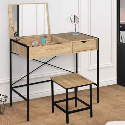 Coiffeuse LUIS miroir rabattable avec tabouret design industriel