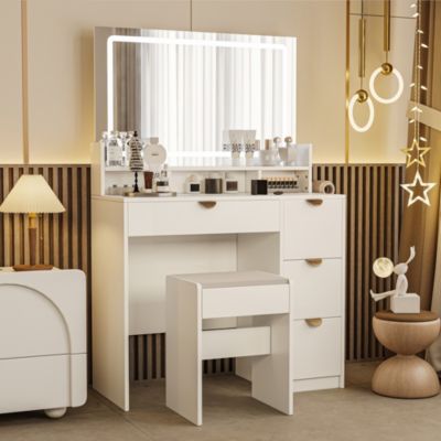 Coiffeuse MDF avec Miroir LED 3 Couleurs, Tiroirs avec Rangement Bijoux, Prises EU + USB, Support Sèche-Cheveux et Banc, Blanc