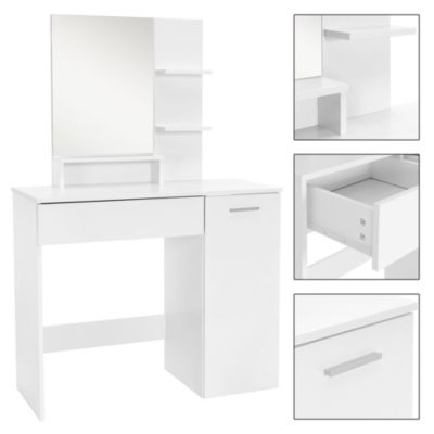 Coiffeuse moderne avec miroir + tabouret de maquillage en MDF blanc 90x38x138 cm