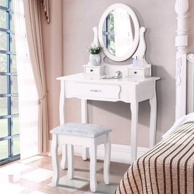 Coiffeuse moderne pour filles, ensemble de table de maquillage avec 3 tiroirs et miroir ovale à 360, tabouret rembourré