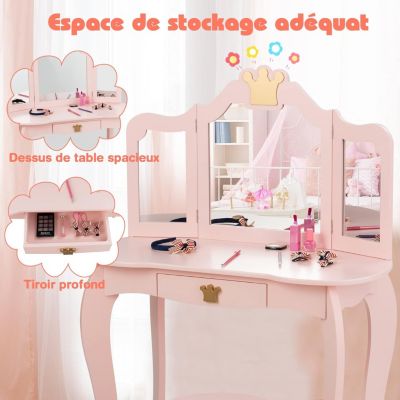 DeAO Table De Maquillage Fille – Coiffeuse Avec Tabouret – Accessoires Princesse – Jeu De Rôle – Dès 3 Ans