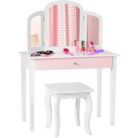 Coiffeuse pour Enfant avec Miroir Pliant Inclus de Table de Maquillage et Tabouret 1 Grand Tiroir Accessoire de Maquillage