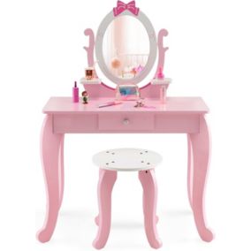 Coiffeuse pour Enfant Ensemble Coiffeuse et Chaise avec Miroir Rotatif Détachable Table de Maquillage avec Motif de Nœud Papillon