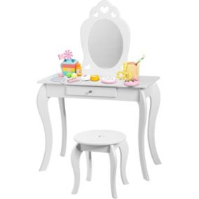 Coiffeuse Princesse Europeenne Table de Maquillage pour Enfant avec Tabouret Miroir et Tiroir en MDF Pieds en Bois de Pin