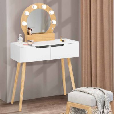 Coiffeuse scandinave 2 tiroirs HORIA bois et blanc avec miroir LED