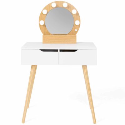 Coiffeuse scandinave 2 tiroirs HORIA bois et blanc avec miroir LED