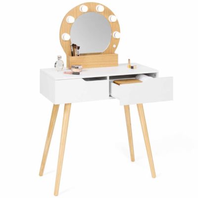 Coiffeuse scandinave 2 tiroirs HORIA bois et blanc avec miroir LED