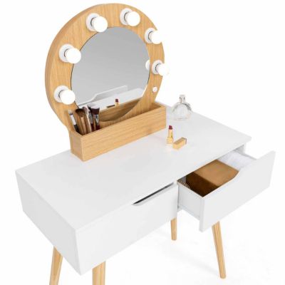 Coiffeuse scandinave 2 tiroirs HORIA bois et blanc avec miroir LED