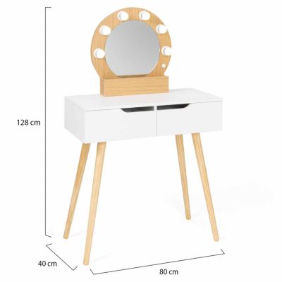 Coiffeuse scandinave 2 tiroirs HORIA bois et blanc avec miroir LED