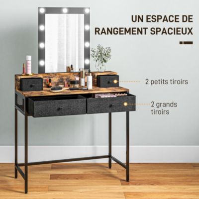 Coiffeuse style industriel - miroir LED réglable - 4 tiroirs tissu - acier noir aspect bois vieilli