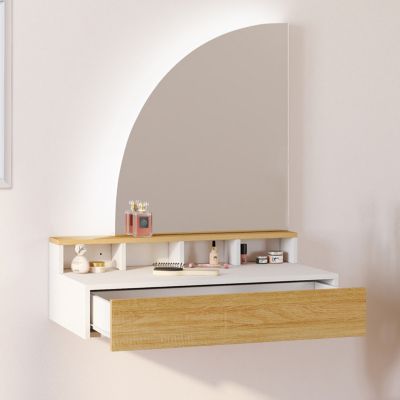 Coiffeuse suspendue ZELIA miroir LED avec 4 niches, 1 tiroir bois et blanc