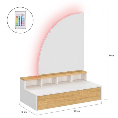 Coiffeuse suspendue ZELIA miroir LED avec 4 niches, 1 tiroir bois et blanc