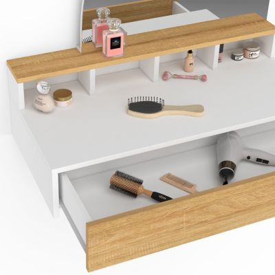 Coiffeuse suspendue ZELIA miroir LED avec 4 niches, 1 tiroir bois et blanc
