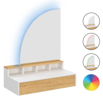 Coiffeuse suspendue ZELIA miroir LED avec 4 niches, 1 tiroir bois et blanc