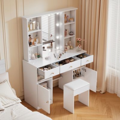 Coiffeuse - Table de Maquillage avec Éclairage LED, Miroir et Housse, 3 Tiroirs, 2 Portes, Spanplatte - 110x40x151 cm, Blanc