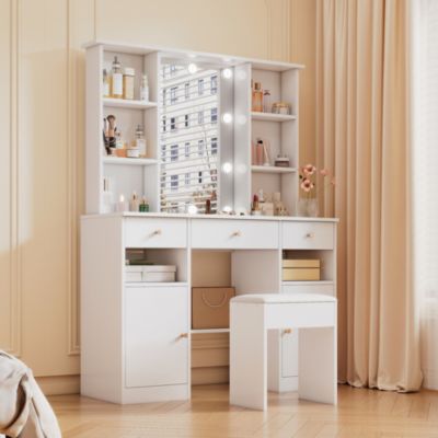Coiffeuse - Table de Maquillage avec Éclairage LED, Miroir et Housse, 3 Tiroirs, 2 Portes, Spanplatte - 110x40x151 cm, Blanc