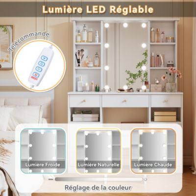 Coiffeuse - Table de Maquillage avec Éclairage LED, Miroir et Housse, 3 Tiroirs, 2 Portes, Spanplatte - 110x40x151 cm, Blanc