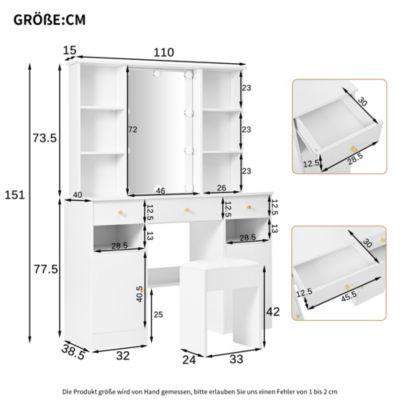Coiffeuse - Table de Maquillage avec Éclairage LED, Miroir et Housse, 3 Tiroirs, 2 Portes, Spanplatte - 110x40x151 cm, Blanc