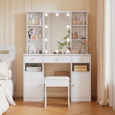Coiffeuse - Table de Maquillage avec Éclairage LED, Miroir et Housse, 3 Tiroirs, 2 Portes, Spanplatte - 110x40x151 cm, Blanc