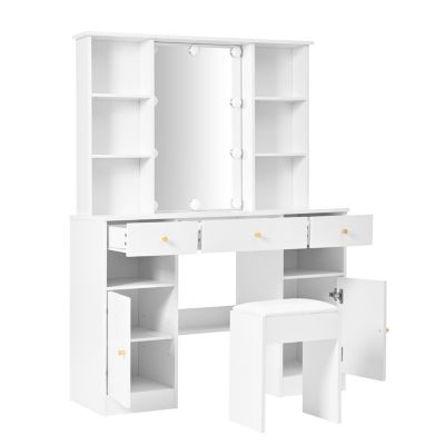 Coiffeuse - Table de Maquillage avec Éclairage LED, Miroir et Housse, 3 Tiroirs, 2 Portes, Spanplatte - 110x40x151 cm, Blanc