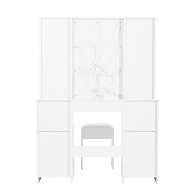 Coiffeuse - Table de Maquillage avec Éclairage LED, Miroir et Housse, 3 Tiroirs, 2 Portes, Spanplatte - 110x40x151 cm, Blanc