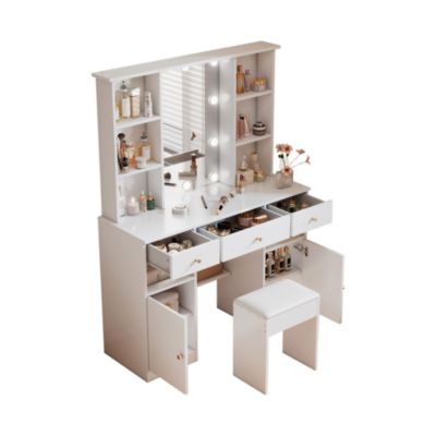 Coiffeuse - Table de Maquillage avec Éclairage LED, Miroir et Housse, 3 Tiroirs, 2 Portes, Spanplatte - 110x40x151 cm, Blanc
