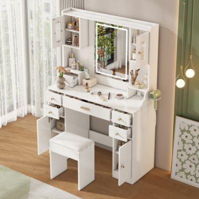 Coiffeuse - Table de Maquillage avec Éclairage LED, Prises et Miroir, 6 Tiroirs, 4 Portes, MDF - 105x40x152 cm, Blanc