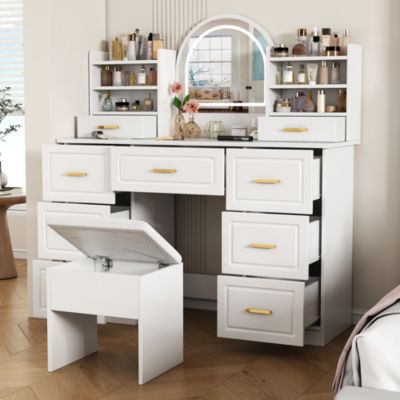Coiffeuse - Table de Maquillage avec Miroir et Éclairage LED, 9 Tiroirs, Spanplatte pour Salon Chambre - 120x40x135 cm, Blanc