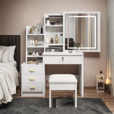 Coiffeuse Table de Maquillage avec Miroir LED 3 Couleurs et 4 Tiroirs, Ensemble avec Tabouret, MDF et Verre, 85x36x130 cm - Blanc