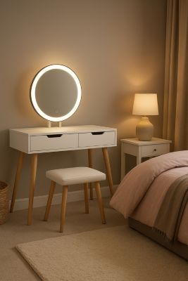 Coiffeuse table de maquillage avec miroir LED et tabouret coloris blanc H129 x L80 x P40 cm