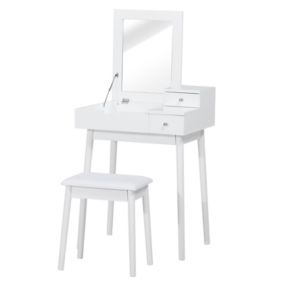 Coiffeuse table de maquillage avec tabouret miroir rabattable coffre + 2 tiroirs MDF bois massif pin blanc