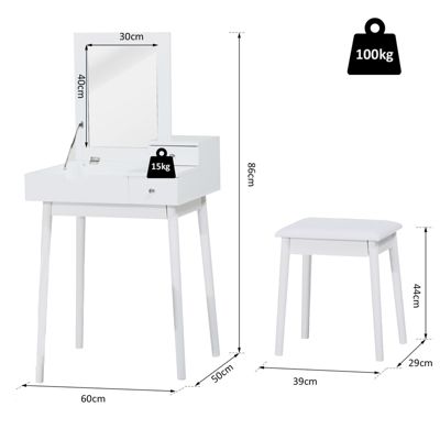 Coiffeuse table de maquillage avec tabouret miroir rabattable coffre + 2 tiroirs MDF bois massif pin blanc