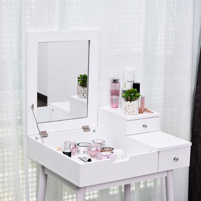 Coiffeuse table de maquillage avec tabouret miroir rabattable coffre + 2 tiroirs MDF bois massif pin blanc