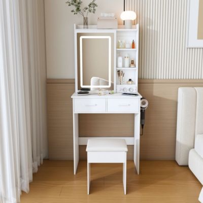 Coiffeuse Table de Maquillage, Miroir LED Réglable et Rangement Caché,Tabouret et Prise Intégrée, MDF/Verre, 60x36x136 cm - Blanc
