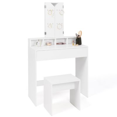 Coiffeuse ZELIA 3 miroirs avec 4 niches, 1 tiroir et tabouret