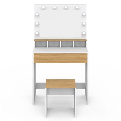 Coiffeuse ZELIA blanc et hêtre miroir LED avec 4 niches, 1 tiroir et tabouret