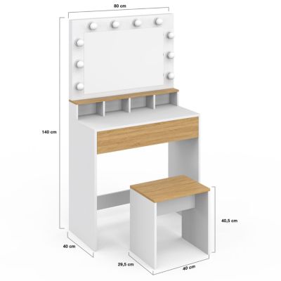 Coiffeuse ZELIA blanc et hêtre miroir LED avec 4 niches, 1 tiroir et tabouret