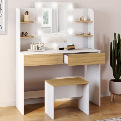 Coiffeuse ZELIA blanc et hêtre table de maquillage 4 étagères, miroir LED et tabouret