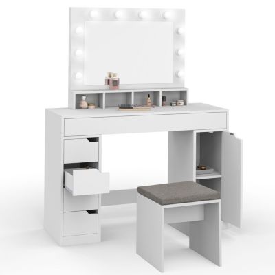 Coiffeuse ZELIA blanche miroir LED avec 4 niches, 5 tiroirs, 1 caisson de rangement et tabouret rembourré