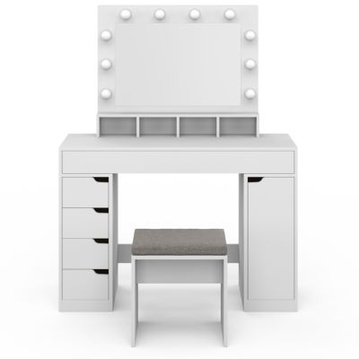 Coiffeuse ZELIA blanche miroir LED avec 4 niches, 5 tiroirs, 1 caisson de rangement et tabouret rembourré