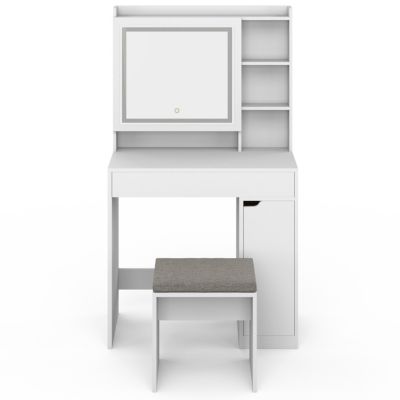 Coiffeuse ZELIA blanche miroir LED avec rangement, 1 tiroir, 1 caisson de rangement et tabouret rembourré